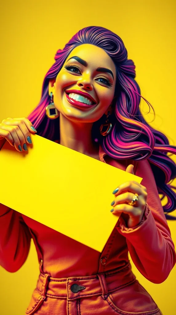 Modern Woman Holding a Large Sign in Chill, Happy Style