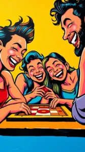 Four Friends Laughing While Playing a Board Game