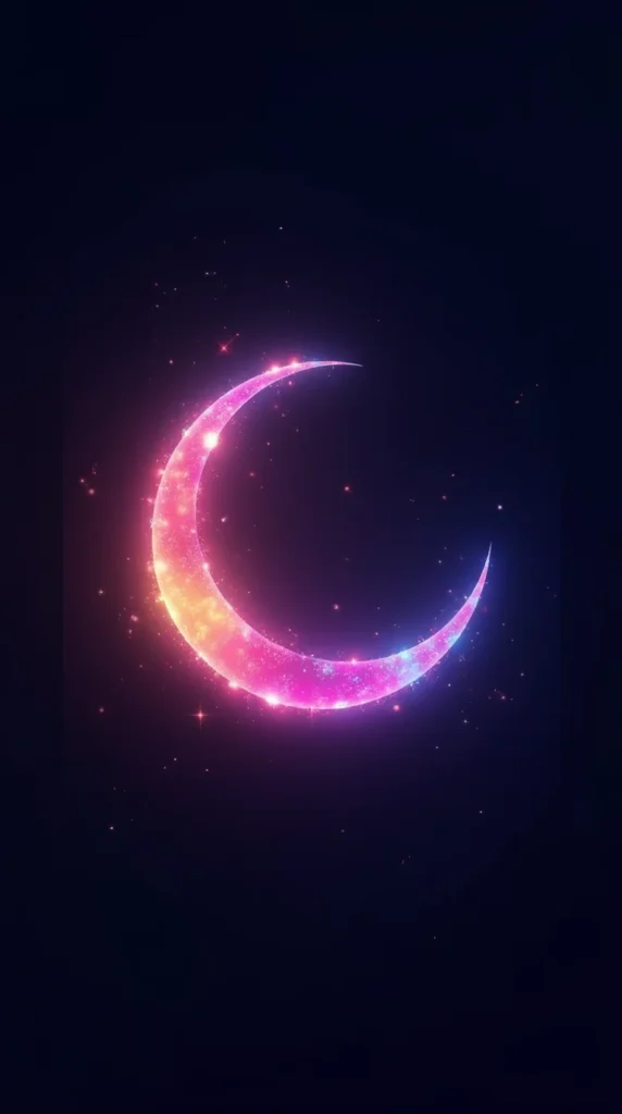 Holographic Crescent Moon with Glowing Swirls