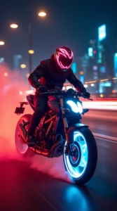 Neon Biker with Swirling Smoke Trail