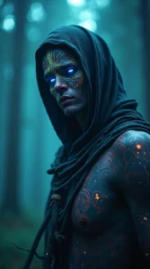 Quantum Shaman with Glowing Geometric Tattoos