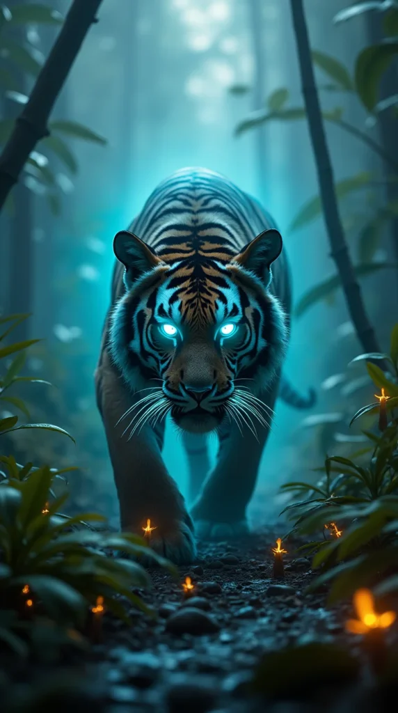Glowing Saber-Toothed Tiger in an Alien Jungle