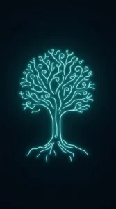 Glowing Circuit Tree with Swirling Roots
