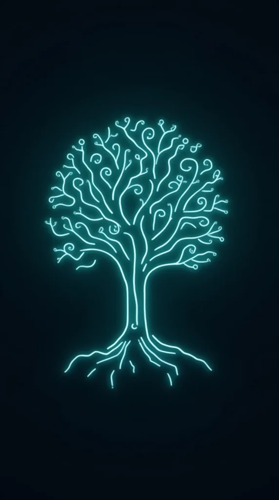 Glowing Circuit Tree with Swirling Roots