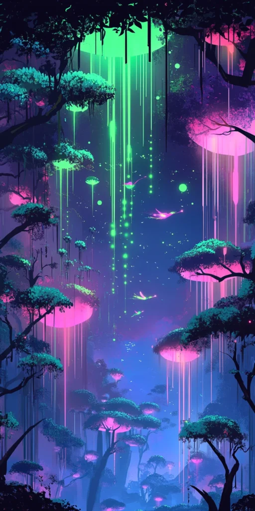 Floating Neon Forest with Glowing Creatures