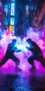 Neon Street Brawl with Glowing Fists